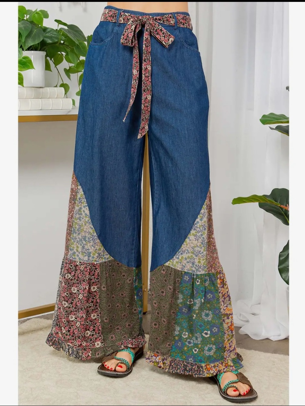 NWT: Young Threads Boho Denim Mixed Patchwork Wide Leg Pants• Small